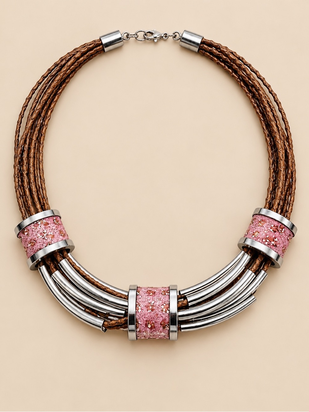 Wilma Spagli Pink Multi Strand Leather Cord Statement Necklace Silver Tone Italy